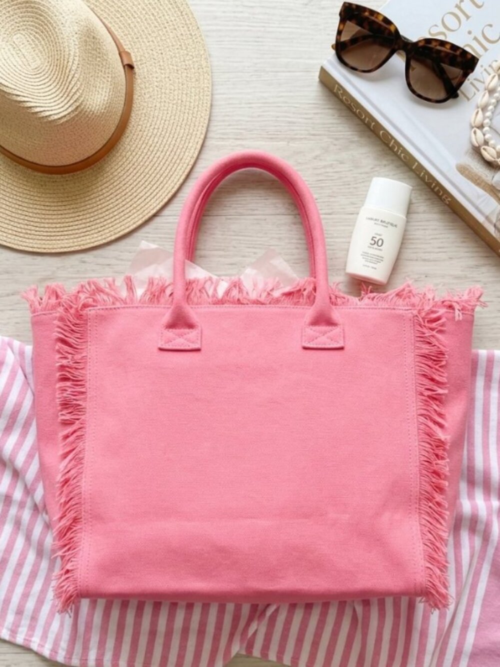 Pink Fringed Canvas Beach Tote Bag | Boho Summer Shoulder Bag Large NEW